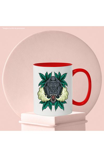 StoryGift Romania Gorilla Mug, Smoke, Plants, Leaves, Animal, Multicolor 330 ml, Ceramic with Handles, With