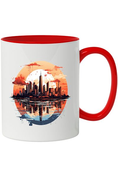 StoryGift Romania Mug With Urban Landscape: City, Sunset, Clouds, Sun, Ocean, Buildings, Multicolor 330 ml, With ,STG