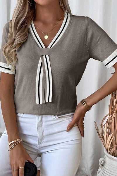 AQE FASHION Γυναικεία Γκρι μπλούζα σε στυλ κολεγίου με ρίγες με λαιμόκοψη σε σχήμα V