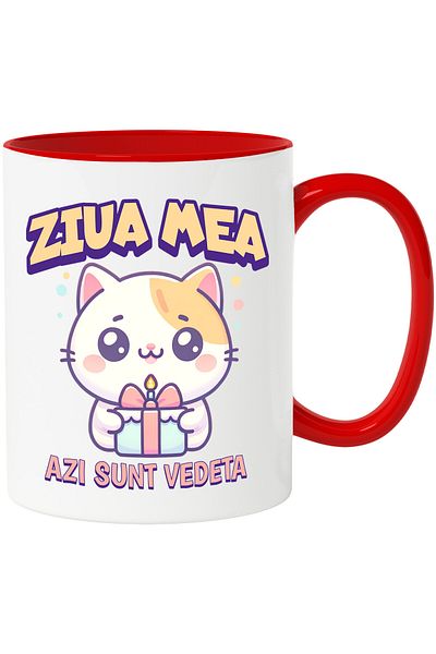 StoryGift Romania Mug with Pink Cat with Cake with Bow and Candle Text in Romanian Today I Am, With, STG