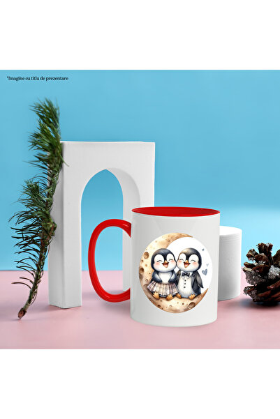 StoryGift Romania Mug with 2 penguins, illustration, hearts, joy, cheerfulness, laughter, crescent moon, apre, With ,STG