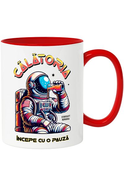 StoryGift Romania Mug The Journey Begins with an Astronaut Drink, 330ml, Ceramic with Red Handle, With Handle, STG