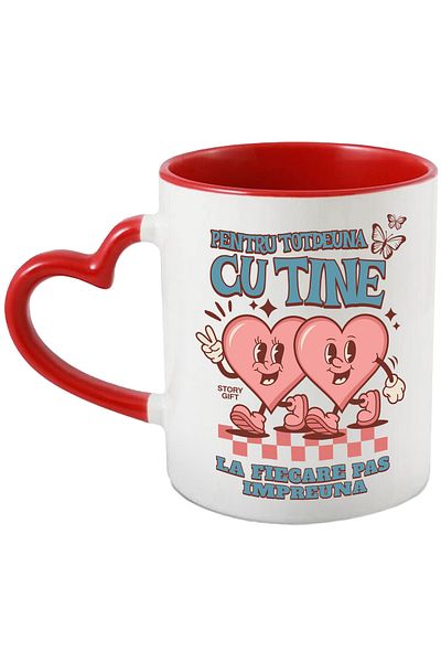 StoryGift Romania Mug Happy Hearts Couple Every Step Together, 330ml, Ceramic with Heart Handle, With ,STG