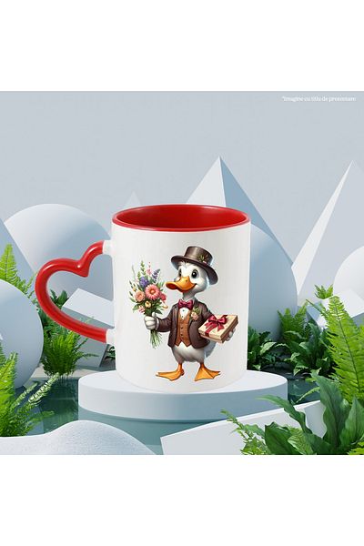 StoryGift Romania Mug with a duck holding a bouquet of flowers and a gift | box | gifts for, With,STG.
