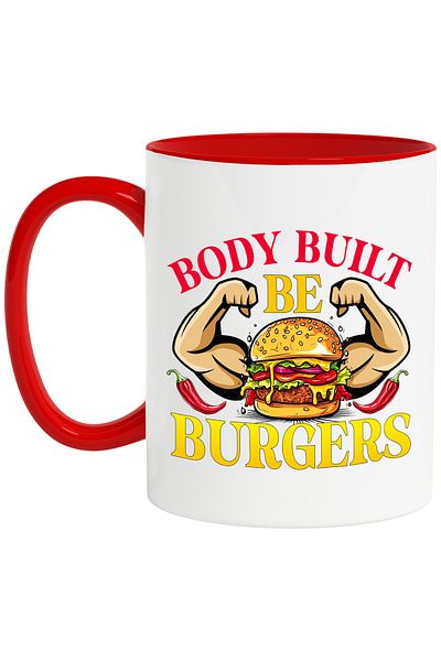 StoryGift Romania Mug with a hamburger with muscles with the message "Body built, be burgers", peppers, meat, With ,STG