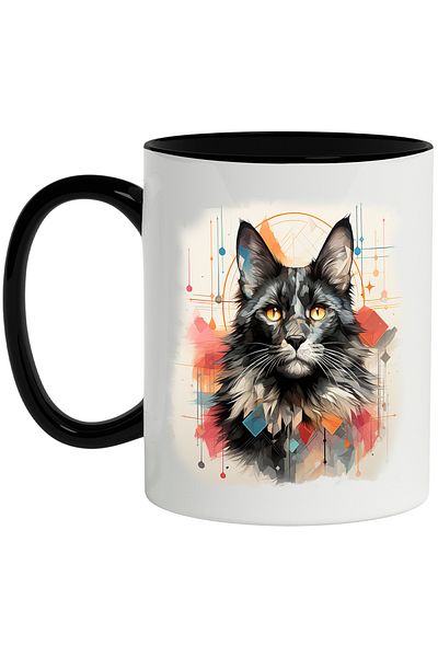 StoryGift Romania Cat Mug, Cube, Illustration, Geometric, Circle, Stripes, Multicolor 330 ml, Wax, With ,STG