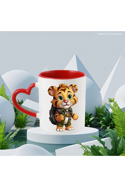 StoryGift Romania Mug with an explorer tiger | illustration | green eyes | equipped | schoolbag | pre, With, STG