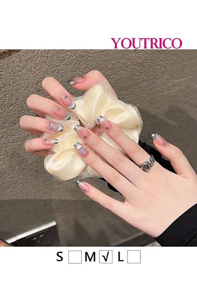 Youtrico 10 Press-on nails,Handmade false nails,Blue-pink gradient,3D diamond,M
