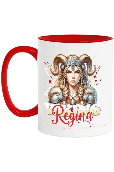 StoryGift Romania Mug Viking Queen World Saint Woman, 330ml, Ceramic with Red Handle, With Red Handle STG,S,STG