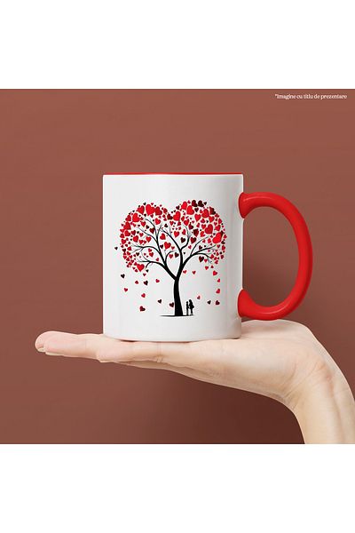 StoryGift Romania Mug with a tree under which a woman and a man are sitting, illustration, hearts in l, With ,STG