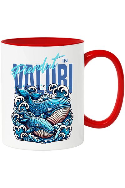 StoryGift Romania Mug lost in waves whales in big aquatic world, 330ml, Ceramic with Red Handle, With ,STG