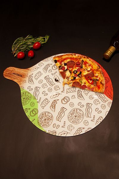 Decorita Pizza Presentation Glass with Handle and Cut Channel |   White Patterned |   36cm X 47cm
