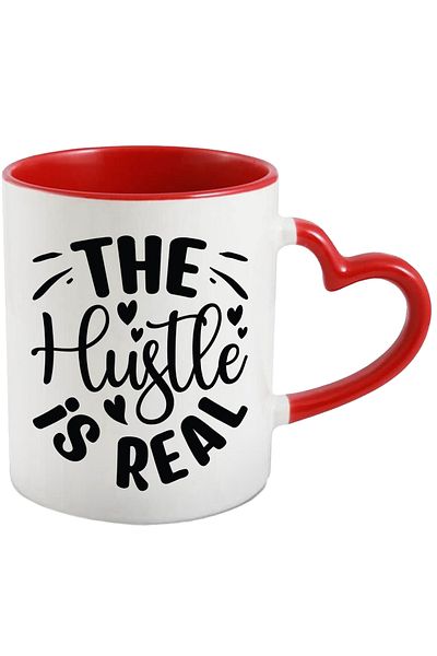 StoryGift Romania Mug with hearts and the text "The hustle is real" - work is real objectives with Ma, Cu, STG.