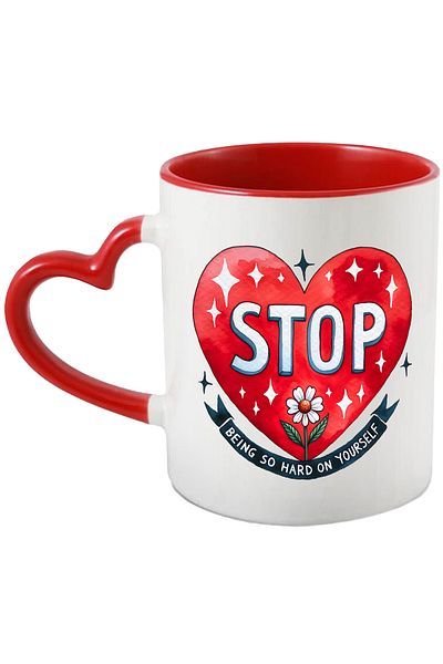 StoryGift Romania Mug with the message "Stop being so hard on yourself", illustration, motivational, floa, With ,STG