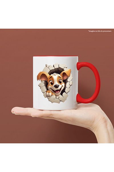 StoryGift Romania Mug with a puppy sticking its head out of a wall, illustration, cheerful, playful, ave, With ,STG.