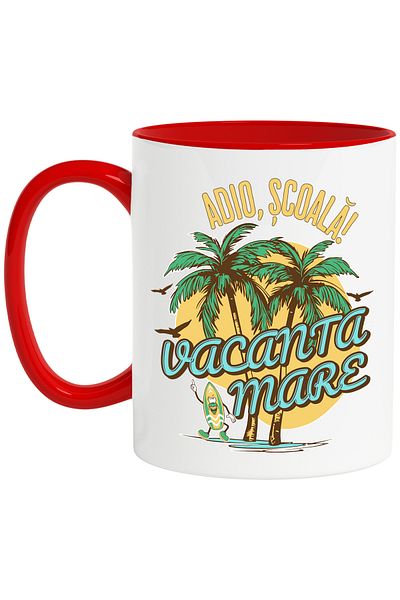 StoryGift Romania Mug Big Vacation! Goodbye, School! Tropical Island, 330ml, Ceramic with Red Handle, With,STG.