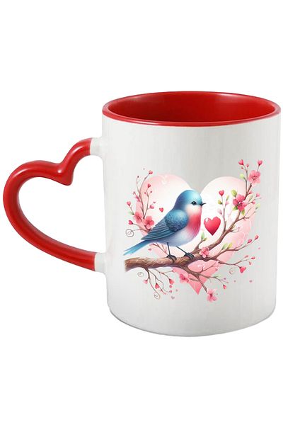 StoryGift Romania Mug with a bird sitting on a branch, illustration, hearts, love, flowers,, With ,STG