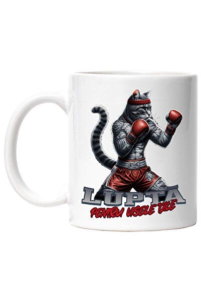 StoryGift Romania Cana Pisica box mesaj motivational lupt pentru vise, 330ml, Ceramic cu Maner Alb, Cu ,STG