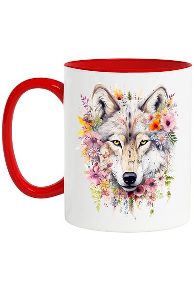 StoryGift Romania Mug with a wolf head surrounded by flowers | illustration | nature | different colors, With ,STG