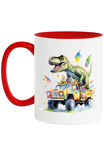 StoryGift Romania Mug with a dinosaur sitting in the trunk of an off-road vehicle, illustration, on, With, STG