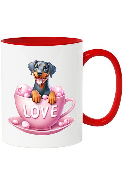 StoryGift Romania Mug with a puppy sitting in a cup | illustration | message "Love" | black and, With ,STG