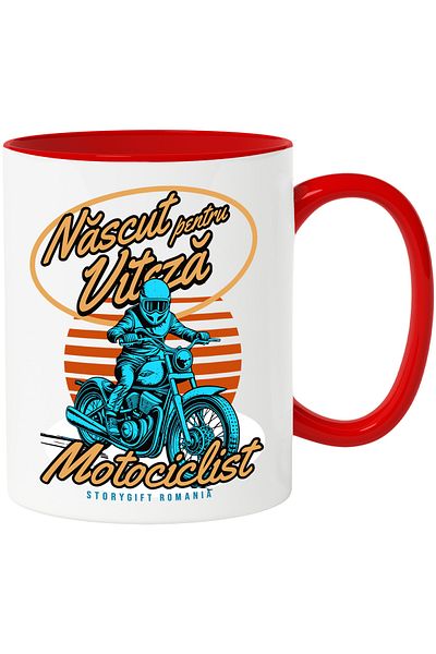 StoryGift Romania Born for speed motorcycle mug, 330ml, Ceramic with Red Handle, With R Handle, STG.