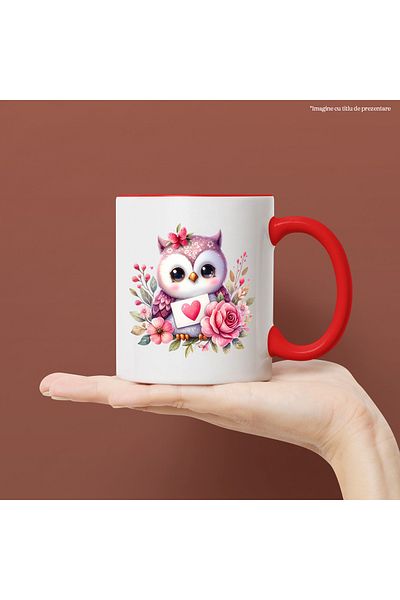 StoryGift Romania Mug with a cute owl, illustration, heart, popcorn, blushing, emotion, and, With ,STG