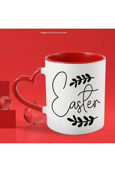 StoryGift Romania Mug with 2 branches and the word "Easter" - Easter celebration with Red Heart Handle, With M,STG.