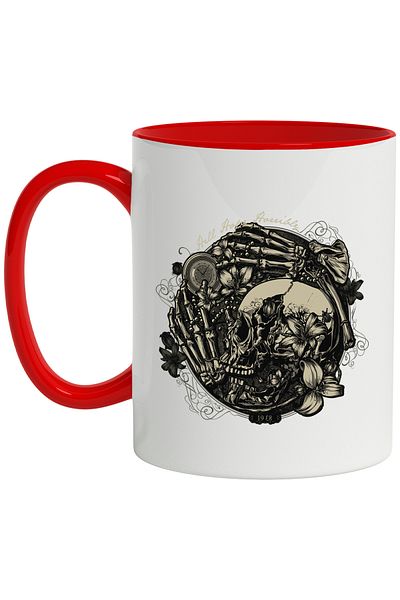 StoryGift Romania Mug With Skull, Skeleton, Flowers, Lilies, Branch, Compass, Multicolor 330 ml, Ceramics, With ,STG