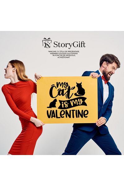StoryGift Romania Sticker Eticheta 40CM Exterior cu 2 figuri de pisici si mesajul in engleza "My cat is my Valen