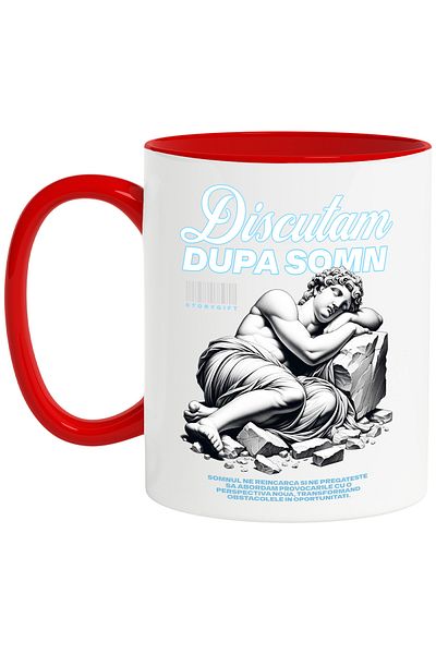 StoryGift Romania Let's Talk After Sleep Mug - Sleeping Statue, 330ml, Ceramic with Red Handle, With Handle, STG