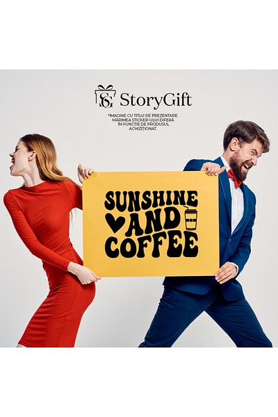 StoryGift Romania Sticker Eticheta 40CM Exterior cu inimioara si textul "Raza de soare si cafea" - te tine treaz