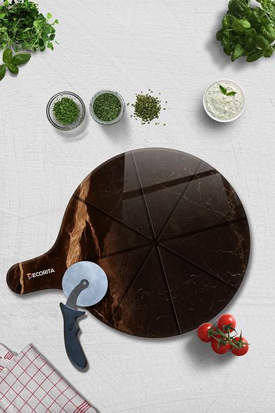 Decorita Pizza Presentation Glass with Handle and Cut Channel |   Brown Marble |   36cm X 47cm