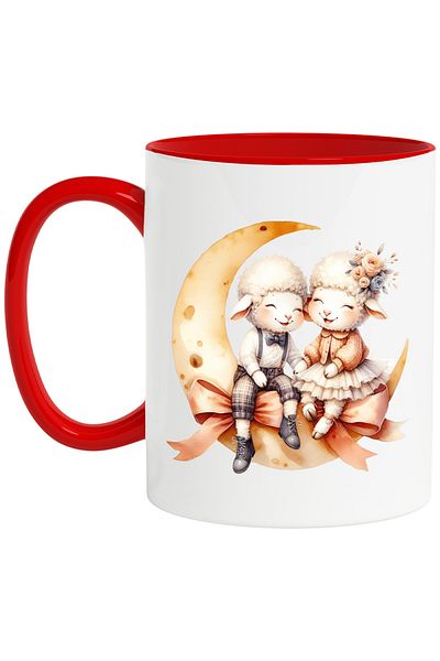 StoryGift Romania Mug with a sheep and a ram, illustration, flowers, white skirt, crescent moon, bows, a, With ,STG