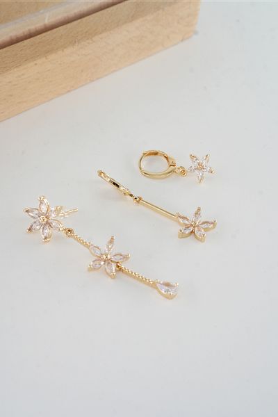 ARTEMİSİA Women's Vip Series Baguette Zircon Stone Flower Model 3-Piece Earring Set