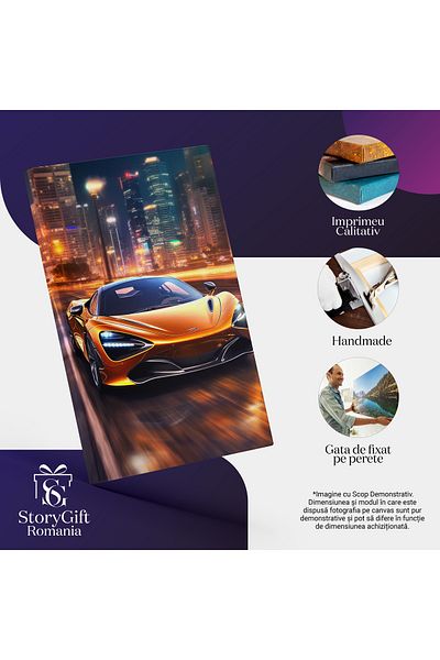StoryGift Romania Tablou Canvas: Bolid De Lux Mclaren - Seara In Oras Merge Cu Viteza Pictura Digitala