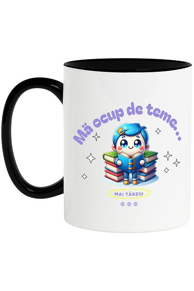 StoryGift Romania Mug I'll do my homework... later school child, 330ml, Ceramic with Black Handle, With Handle, STG