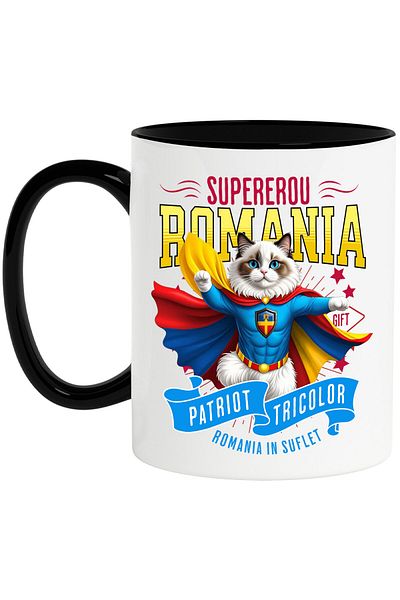 StoryGift Romania Mug with Ragdoll Cat in Captain Romania Costume with Cape, Night Hero, D, With, STG