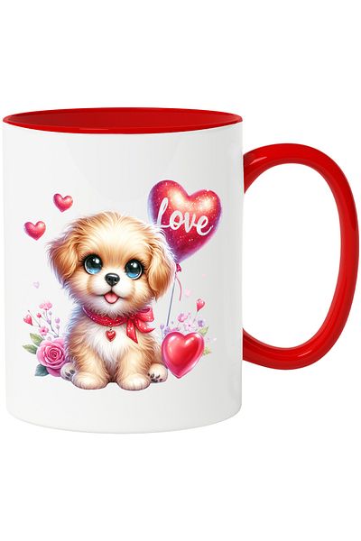 StoryGift Romania Mug with a cheerful puppy with sparkling eyes | illustration | hearts | balloon with , With ,STG