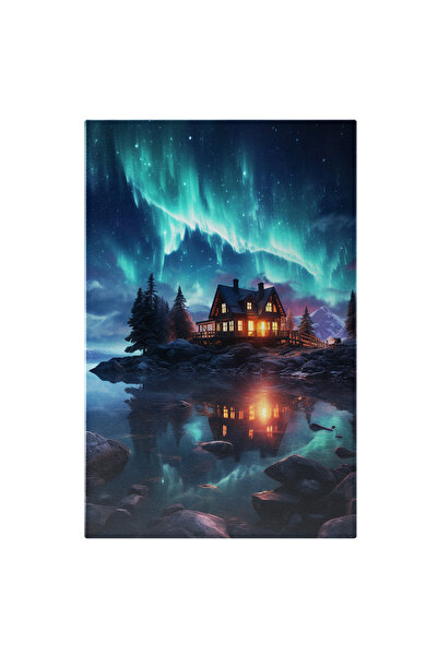 StoryGift Romania Tablou Canvas: Peisaj- Casă În Norvegia Lângă Lac Și Aurora...
