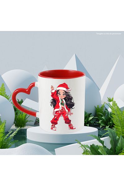 StoryGift Romania Mug with a modernly dressed Christmas girl | illustration | long hair | smile | fe, Cu,STG