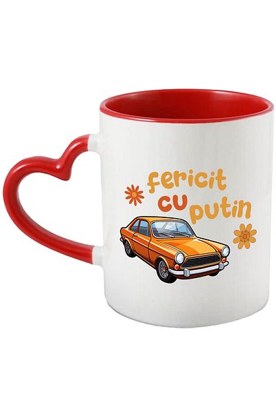 StoryGift Romania Happy little vintage classic car mug, 330ml, Ceramic with Red Heart Handle, With,STG