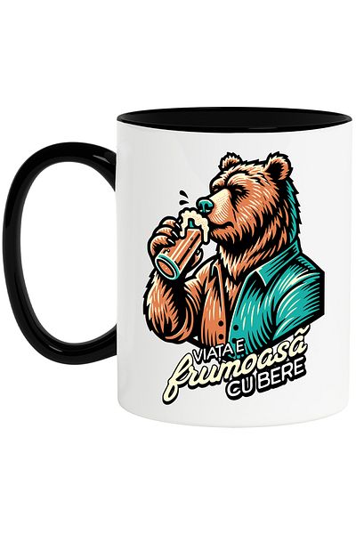 StoryGift Romania Life is Beautiful Mug with Bear Beer and Mug, 330ml, Ceramic with Black Handle, With Handle, STG