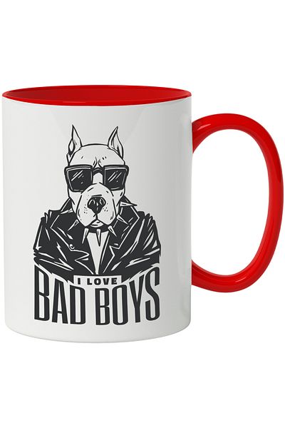 StoryGift Romania Mug With Message In English I Love Bad Boys, Pitbull, Dog, Collar, Black and White 330 , With ,STG