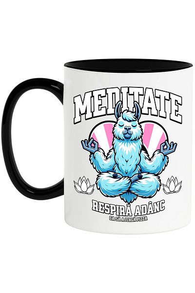 StoryGift Romania Meditation Mug Lama take a deep breath pizza is coming,, 330ml, Ceramic with Black Handle, With,STG