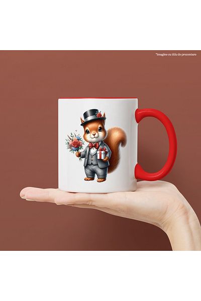 StoryGift Romania Mug with a squirrel in a suit, hat, illustration, bouquet of flowers, gift, present, With,STG.