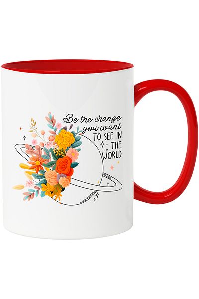 StoryGift Romania Mug with multicolored flowers and a planet in the background with the message "Be the change yo, Cu,STG"