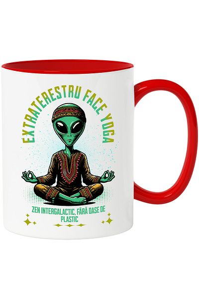 StoryGift Romania Extraterrestrial doing yoga mug, intergalactic zen, 330ml, Ceramic with Red Handle, With ,STG