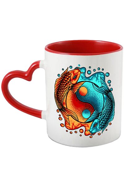 StoryGift Romania Koi Fish Mug, Ying Yang, Libra, Asian, Multicolor 330 ml, Ceramic with M, With ,STG