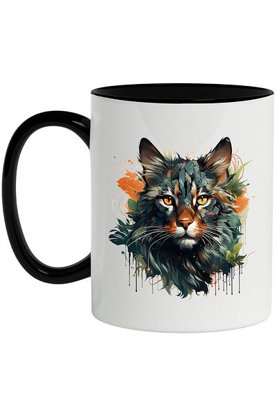 StoryGift Romania Cat Head Mug, mosaic, Leaves, Paint, Abstract, Multicolor 330 ml, Wax, With ,STG